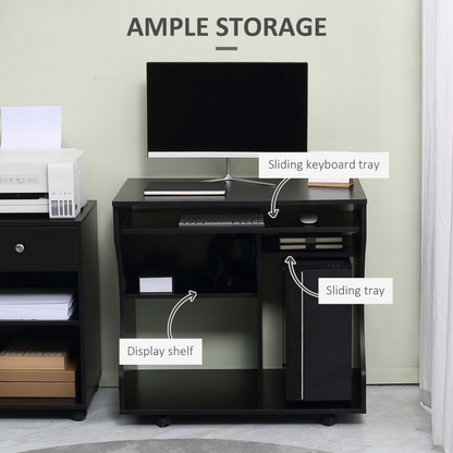 HOMCOM Wheeled Computer Desk with Sliding Keyboard Tray, Black