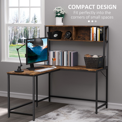 Industrial L-Shaped Desk with Shelf, 149x140x125cm, Brown & Black