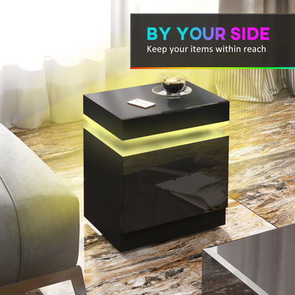 HOMCOM High Gloss Bedside Table with LED Light and 2 Drawers, Black