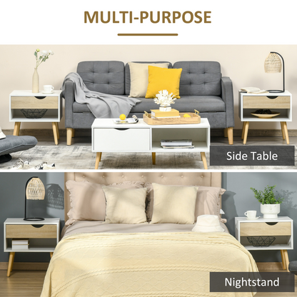 HOMCOM Set of 2 Bedside Table with Drawer & Shelf, Nightstand for Bedroom