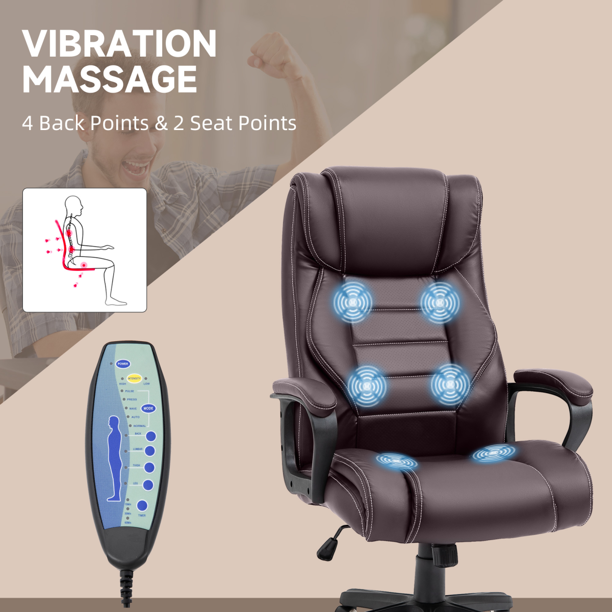 High Back 6 Points Vibration Massage Executive Office Chair, Brown Vinsetto