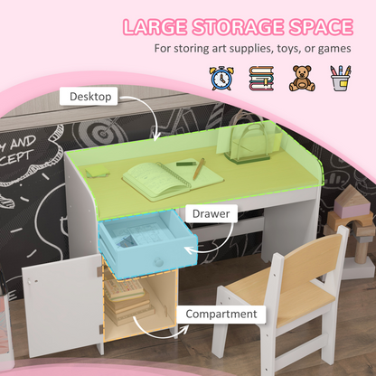 ZONEKIZ Durable White Kids Desk & Chair Set with Storage Drawer for Ages 3-6