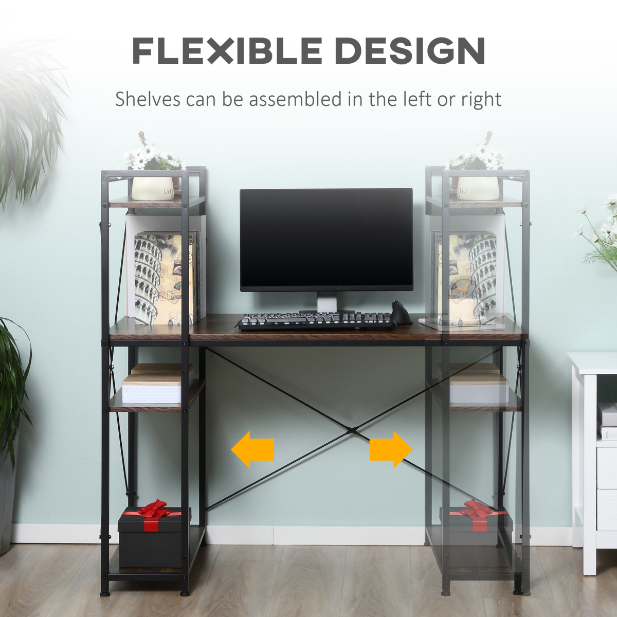 All-in-One Desk with 4-Tier Bookshelf, Left/Right Config, Steel Frame