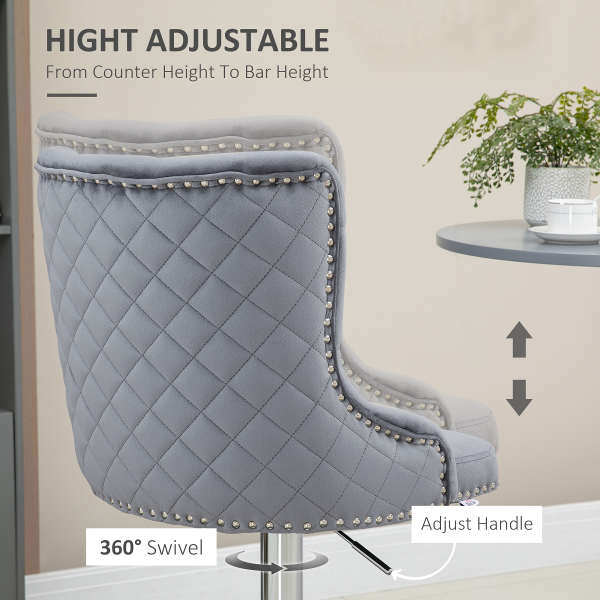 HOMCOM Adjustable Bar Stools Set of 2, Swivel Bar Chairs w/ Back Footrest, Grey