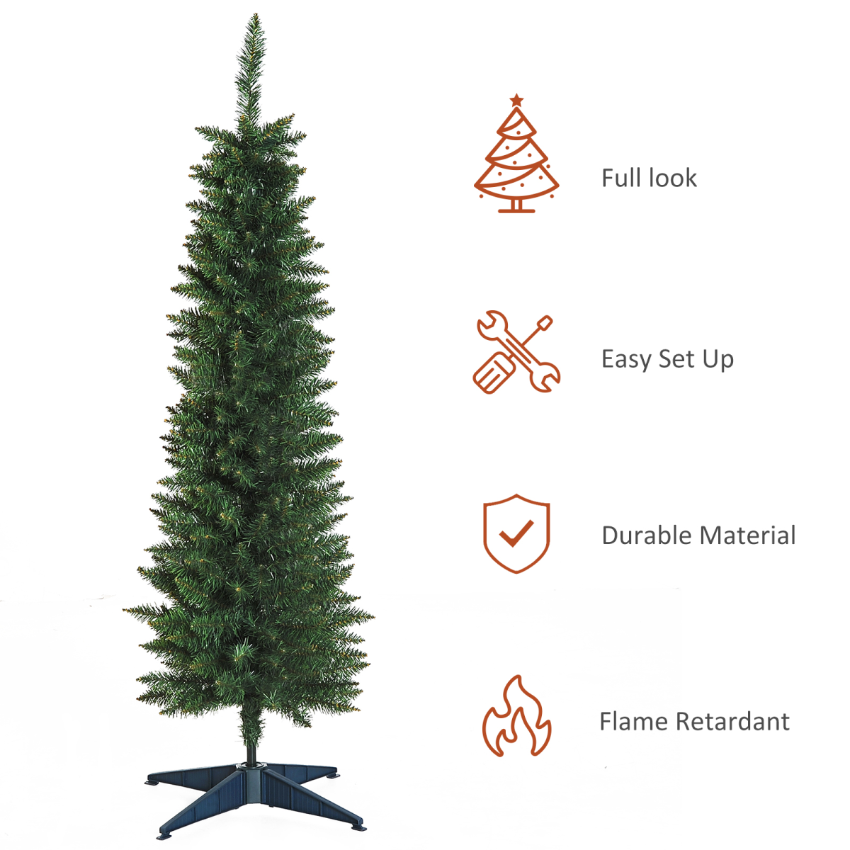 1.5m Slim Pencil Christmas Tree, 294 Tips, Stand, Flame-Retardant PVC Leaves
