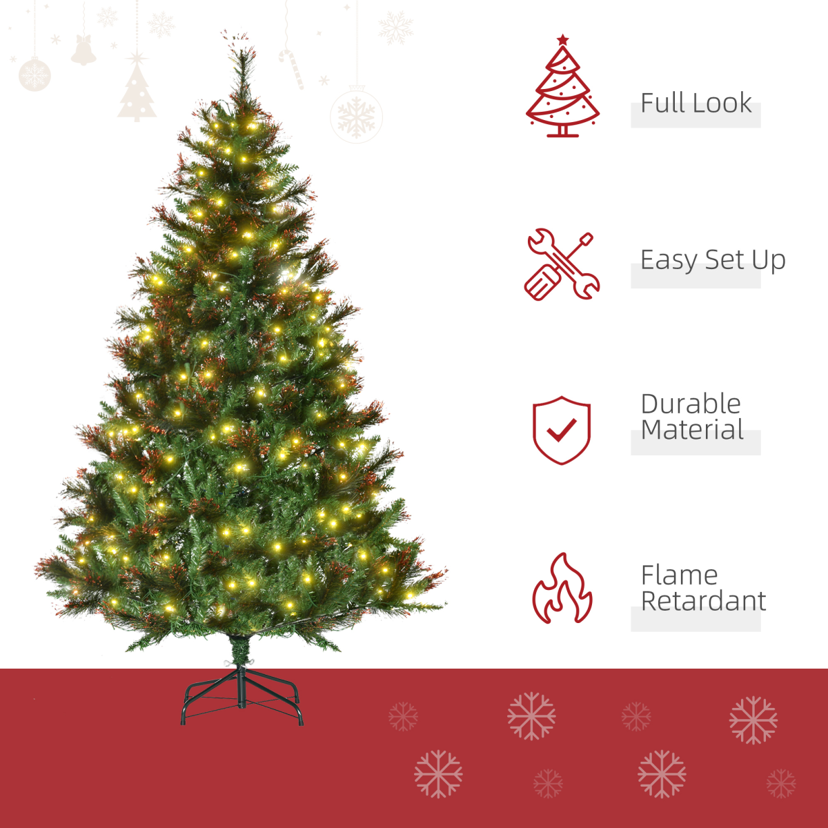 HOMCOM 6ft Pre-Lit Christmas Spruce Tree - 200 LED Lights, Gold Tips