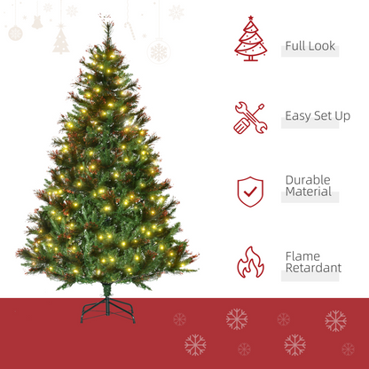 HOMCOM 6ft Pre-Lit Christmas Spruce Tree - 200 LED Lights, Gold Tips