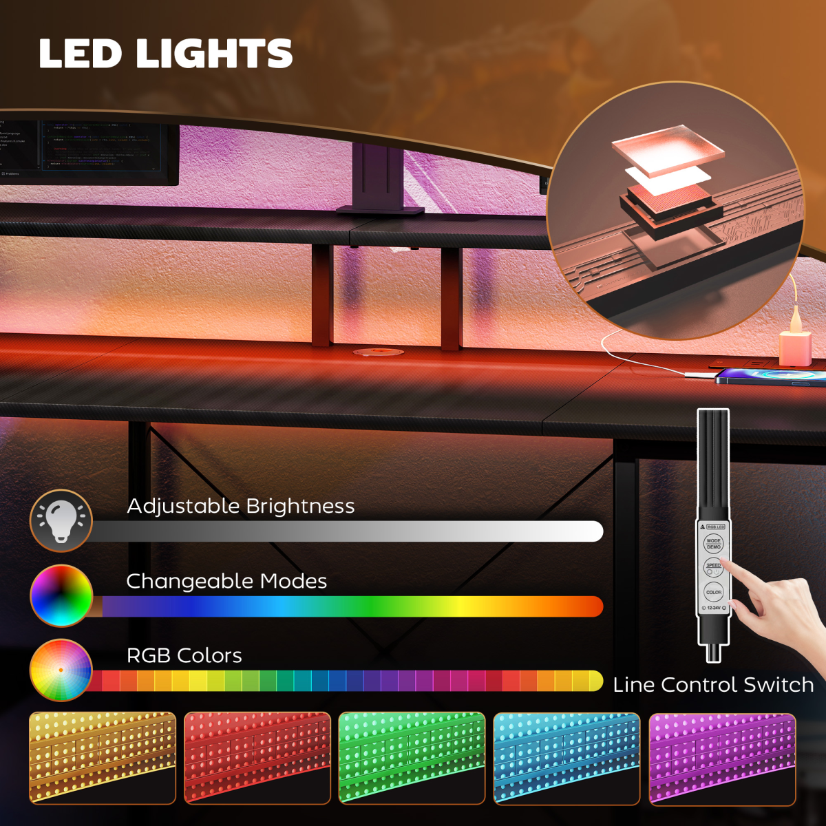 HOMCOM Reversible Computer Desk with Storage & RGB LED Lights - Grey