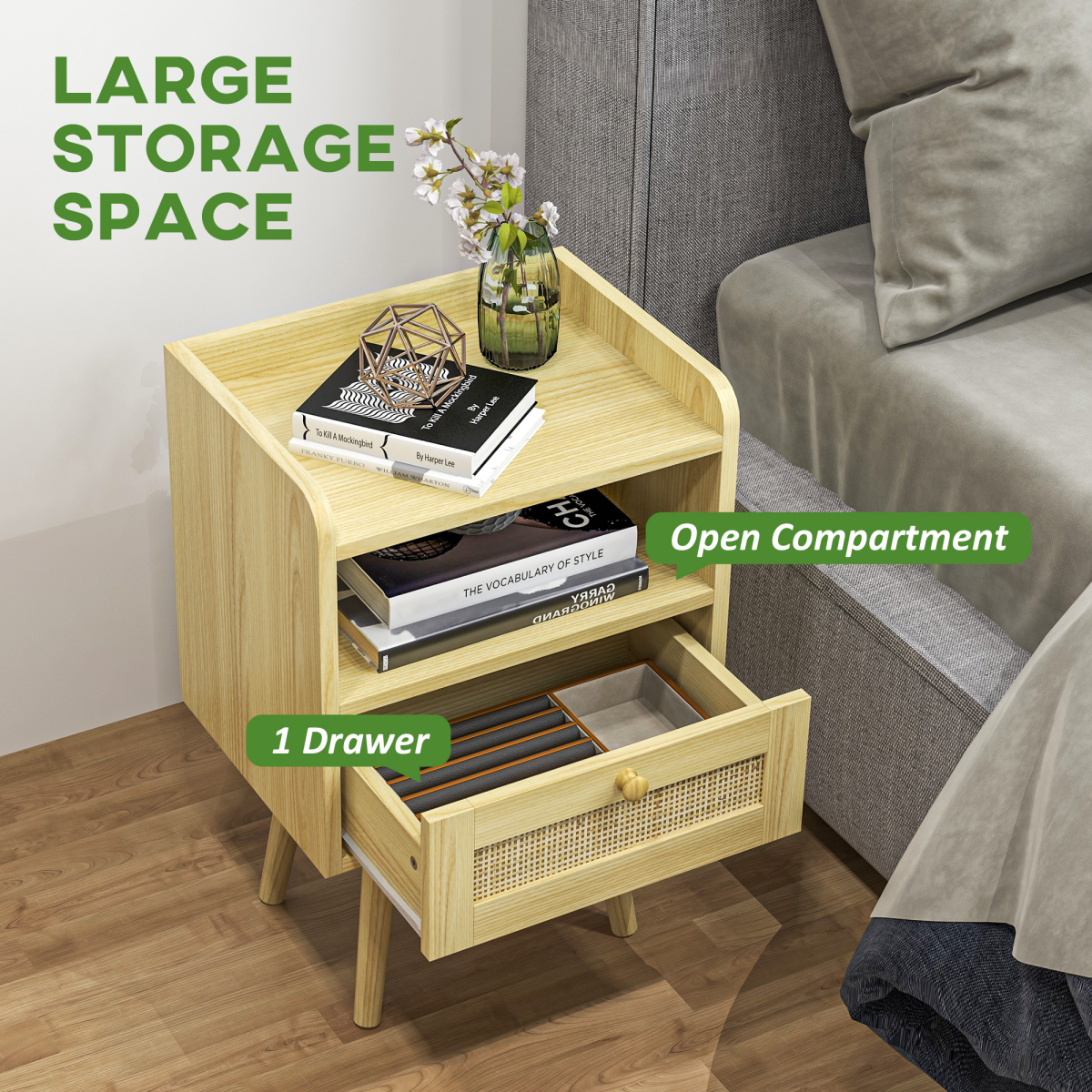 Bedside Tables, Set of 2, Boho Side End Table w/ Drawer, Storage Compartment