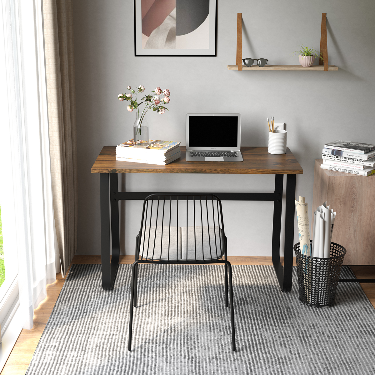 Industrial Writing Desk: Center Laptop Table with Steel Legs