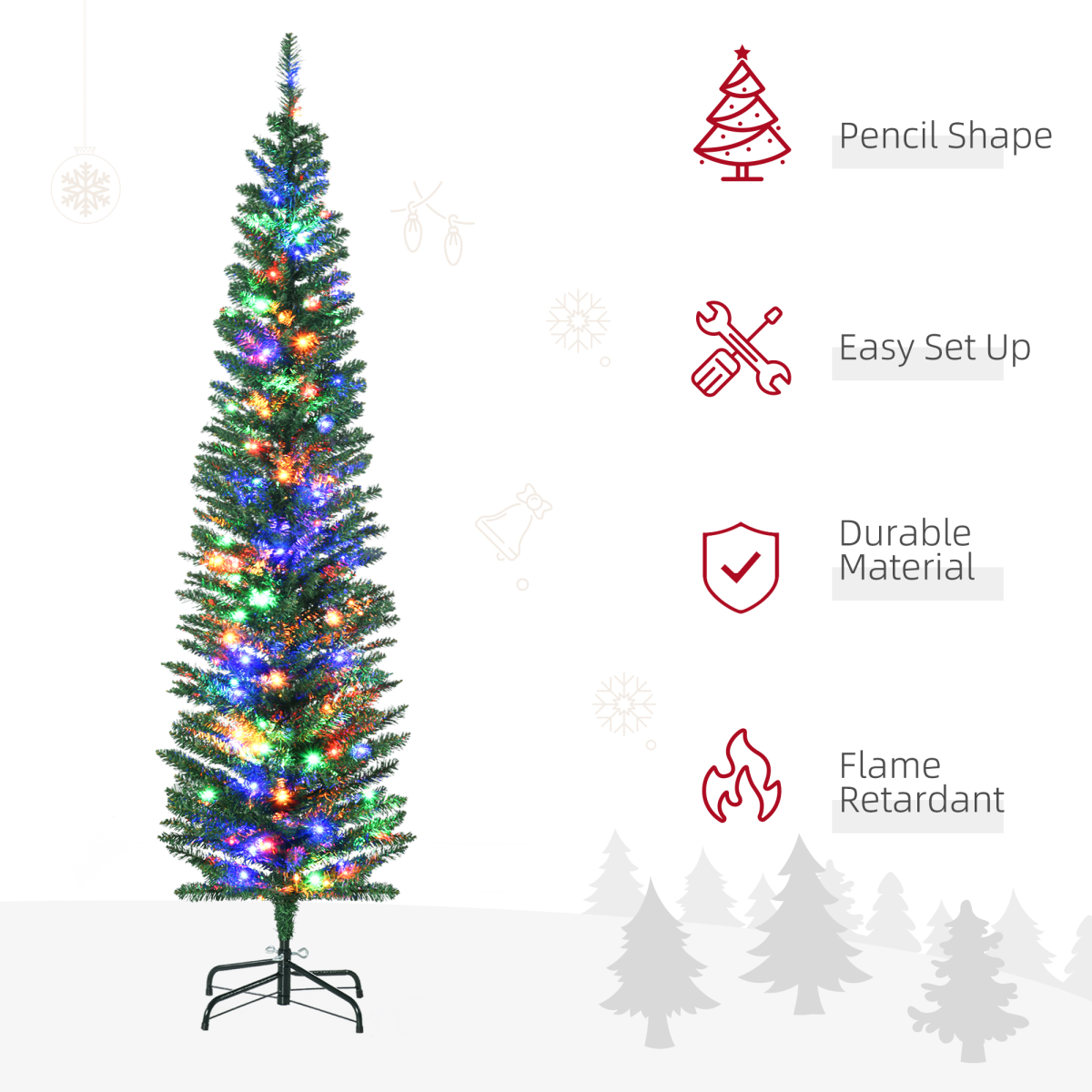 HOMCOM 6ft Pencil Xmas Tree with Colorful LED Lights & Steel Base
