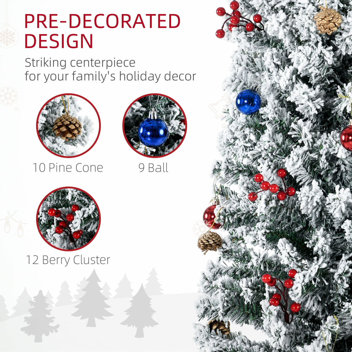 HOMCOM 7' Flocked Artificial Christmas Tree with LED Lights & Decor