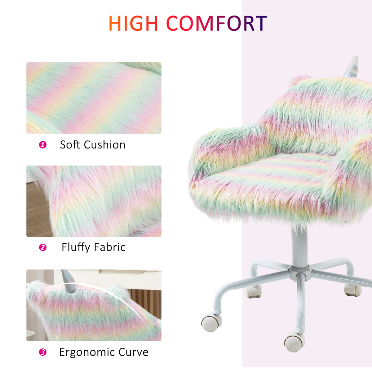 Vinsetto Faux Fur Unicorn Desk Chair Fluffy Home Office Chair with Armrests