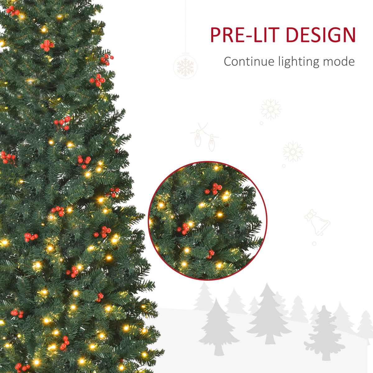 6FT Prelit Pencil Christmas Tree - Warm White LEDs, Red Berry Accents