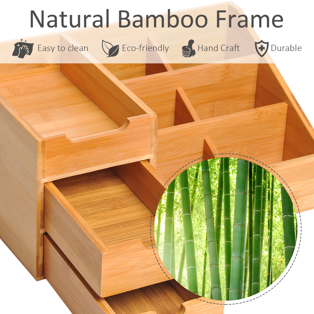 Eco Bamboo Desk Organizer - 2 Drawers, 7 Compartments