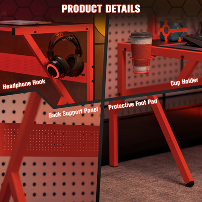 Red L-Shaped Gaming Desk - 49.25x49.25x29.5 in, Monitor Shelf & Cup Holder