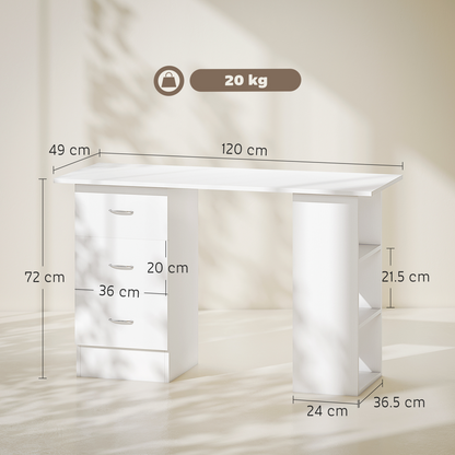 HOMCOM 120cm White PC Desk with 3 Shelves & Drawers