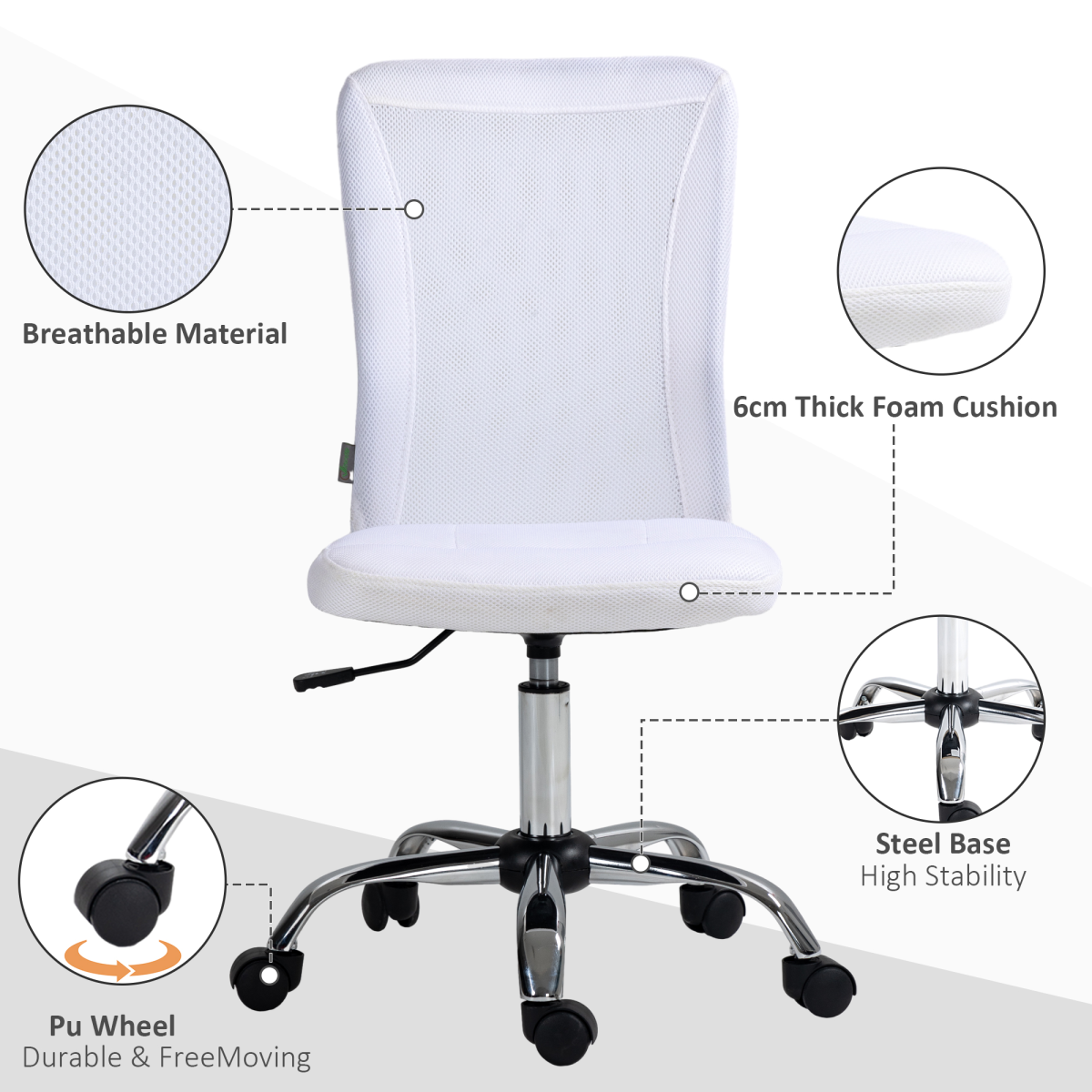 Vinsetto Armless Office Chair with Adjustable Height Mesh Back Wheels White