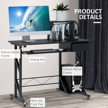 HOMCOM Black Wood Computer Desk with Keyboard Tray, CPU Stand & Elevated Shelf