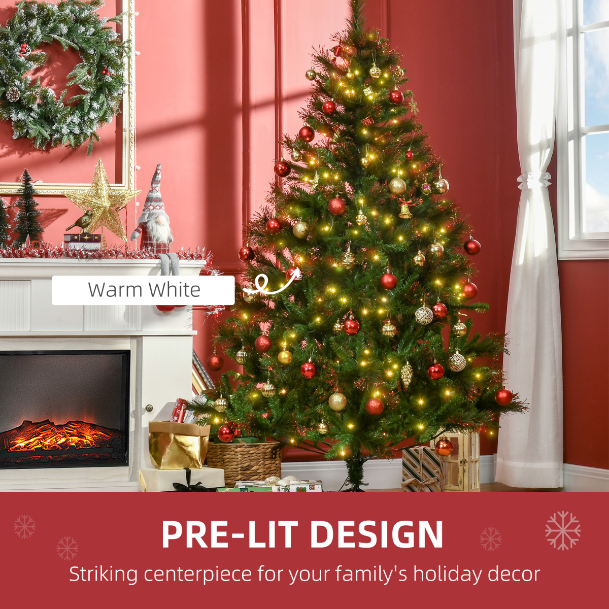 HOMCOM 6ft Pre-Lit Christmas Spruce Tree - 200 LED Lights, Gold Tips