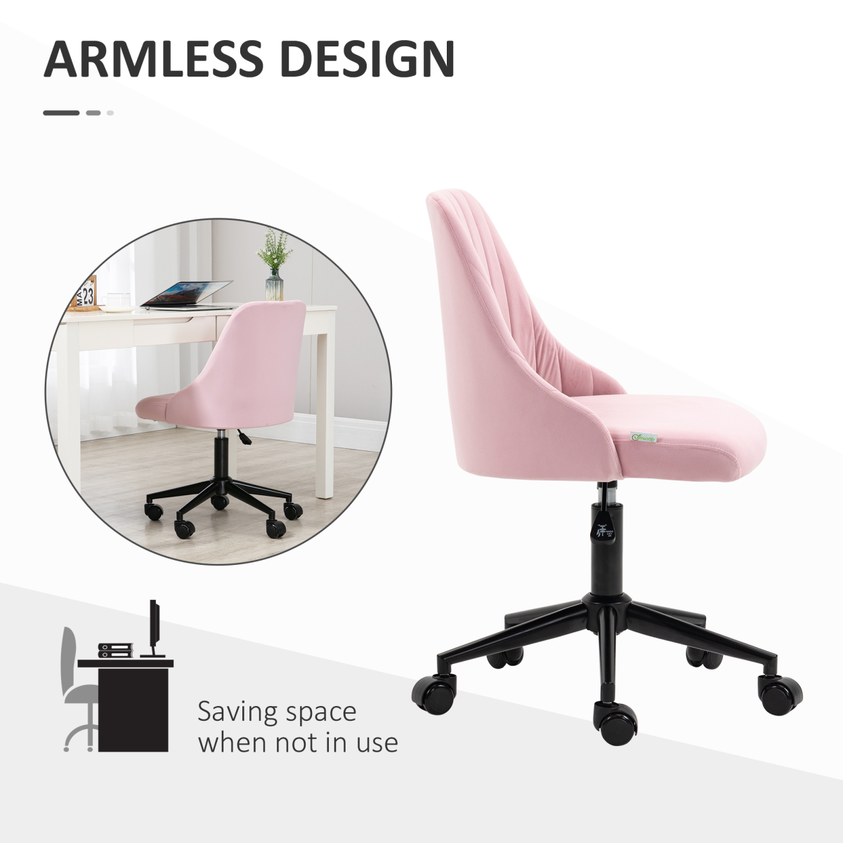 Vinsetto Velvet Office Chair with Adjustable Height and Wheels, Pink