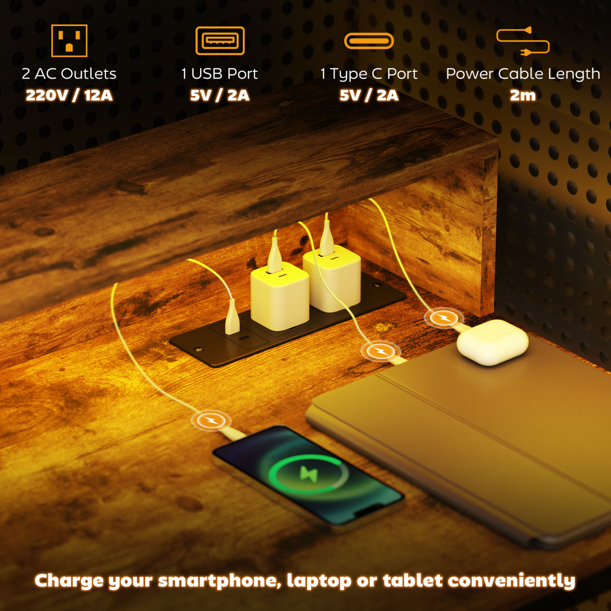 HOMCOM LED Lighted Computer Desk with Shelf - Remote & Rustic Brown