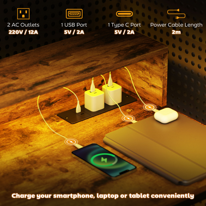 HOMCOM LED Lighted Computer Desk with Shelf - Remote & Rustic Brown