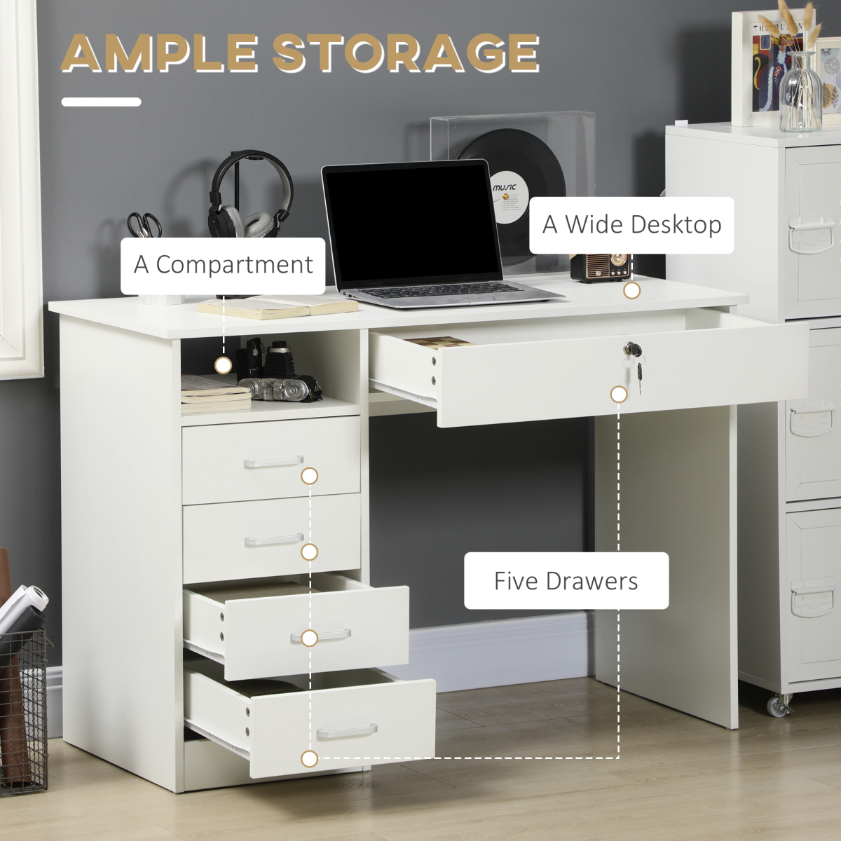 White 5-Drawer Computer Desk for Home Office - Writing Desk with Storage