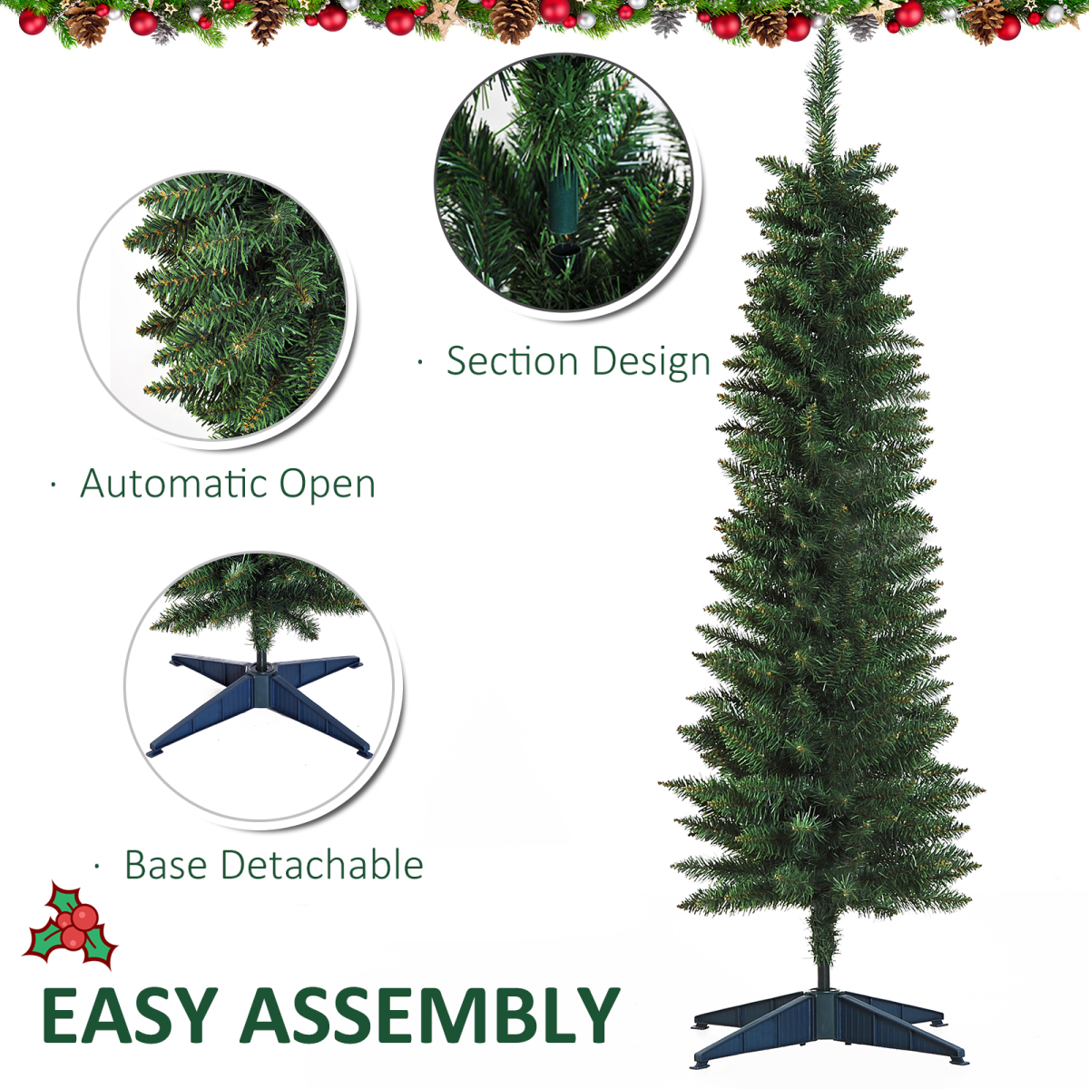 1.5m Slim Pencil Christmas Tree, 294 Tips, Stand, Flame-Retardant PVC Leaves