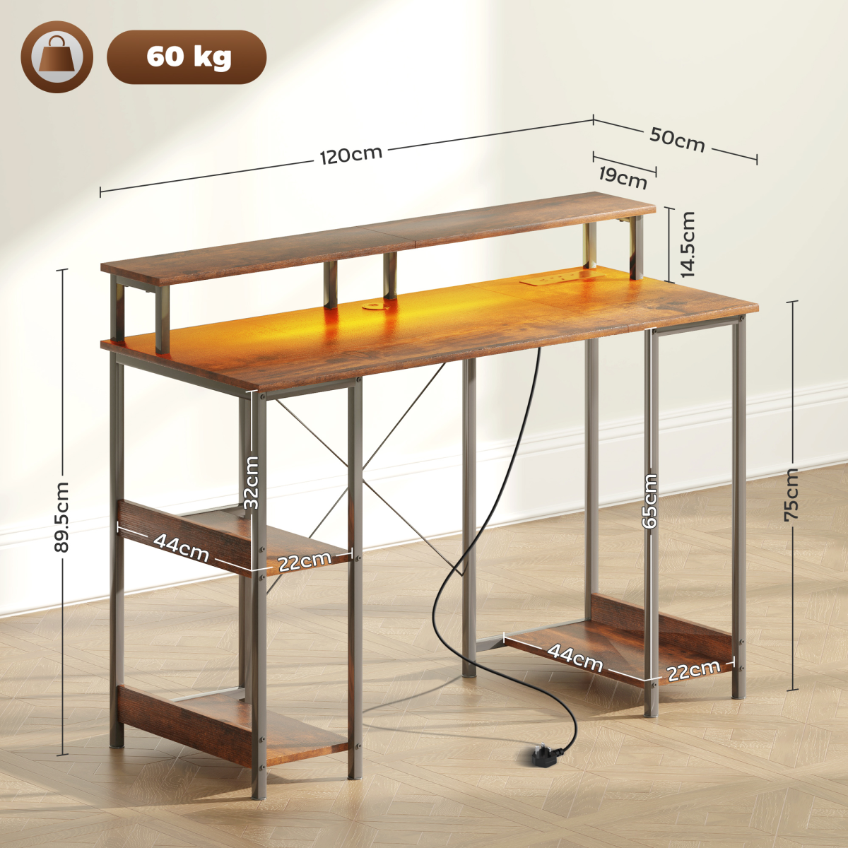 HOMCOM Rustic Brown Reversible Computer Desk with Storage & Monitor Stand