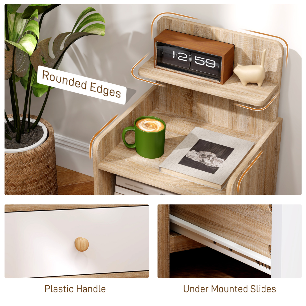 HOMCOM Bedside Table with Drawer for Bedroom, Living Room, Natural Wood Effect