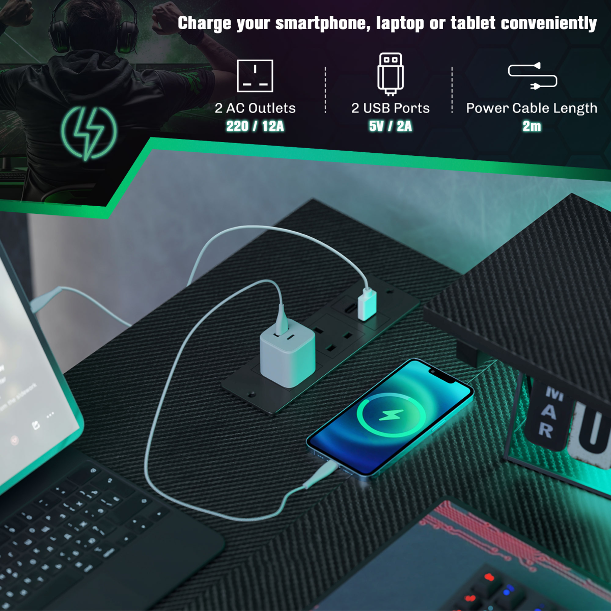 HOMCOM L-Shaped Gaming Desk with LED Lights & Built-in USB/Outlets