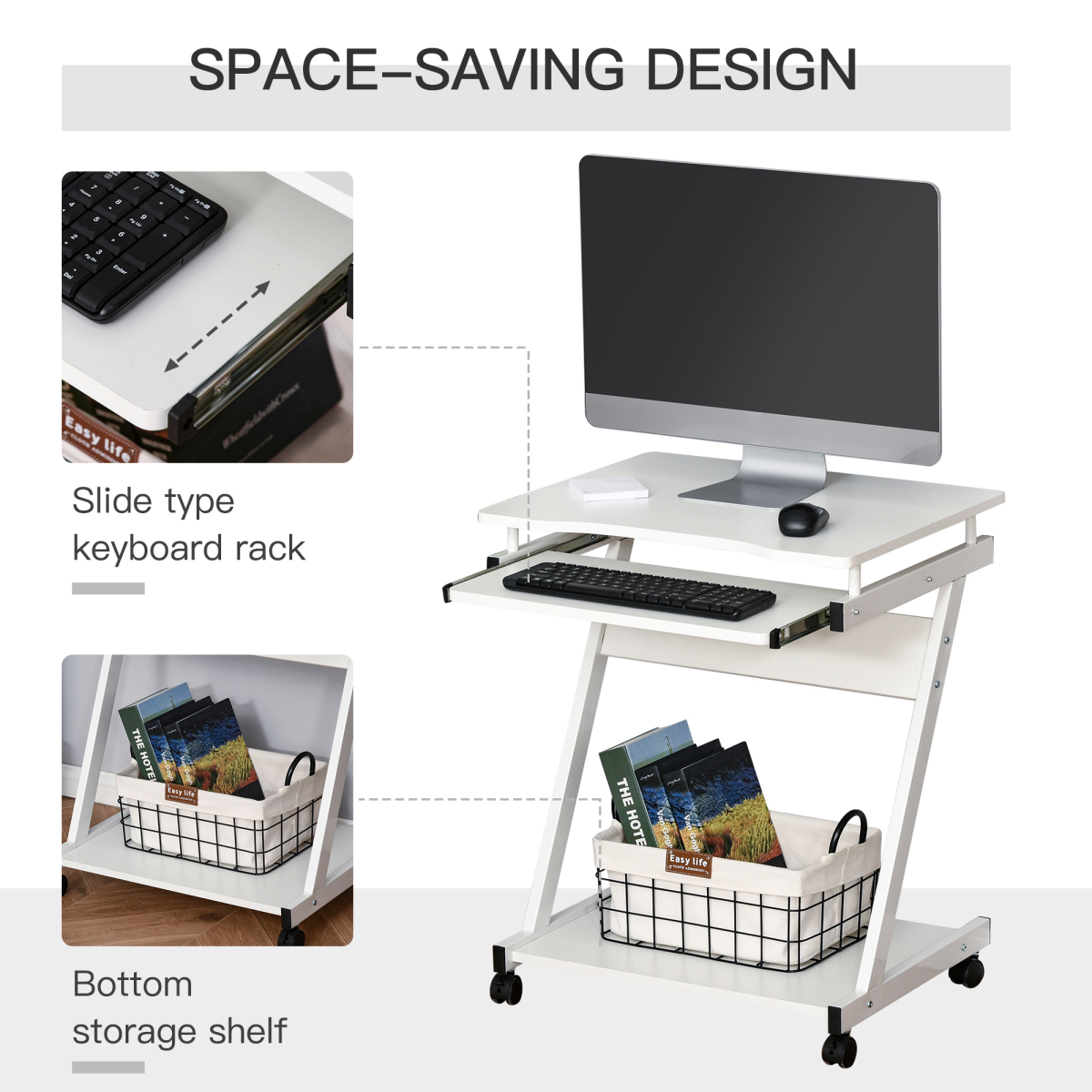 White Mobile Computer Desk with Sliding Keyboard Tray and 4 Wheels