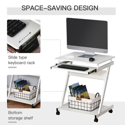 White Mobile Computer Desk with Sliding Keyboard Tray and 4 Wheels
