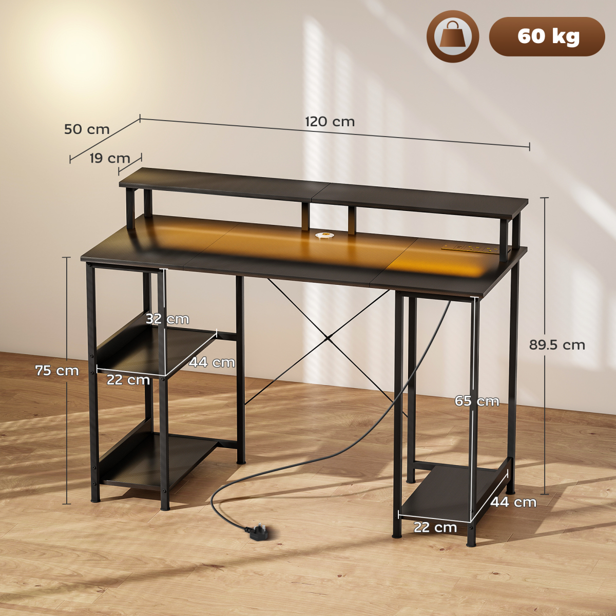 HOMCOM Reversible Computer Desk with Storage & RGB LED Lights - Grey