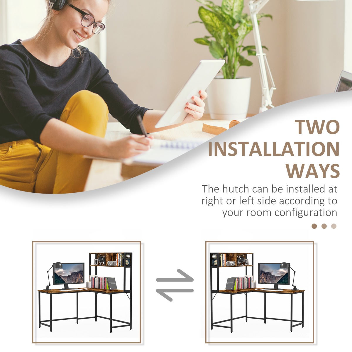 Industrial L-Shaped Desk with Shelf, 149x140x125cm, Brown & Black