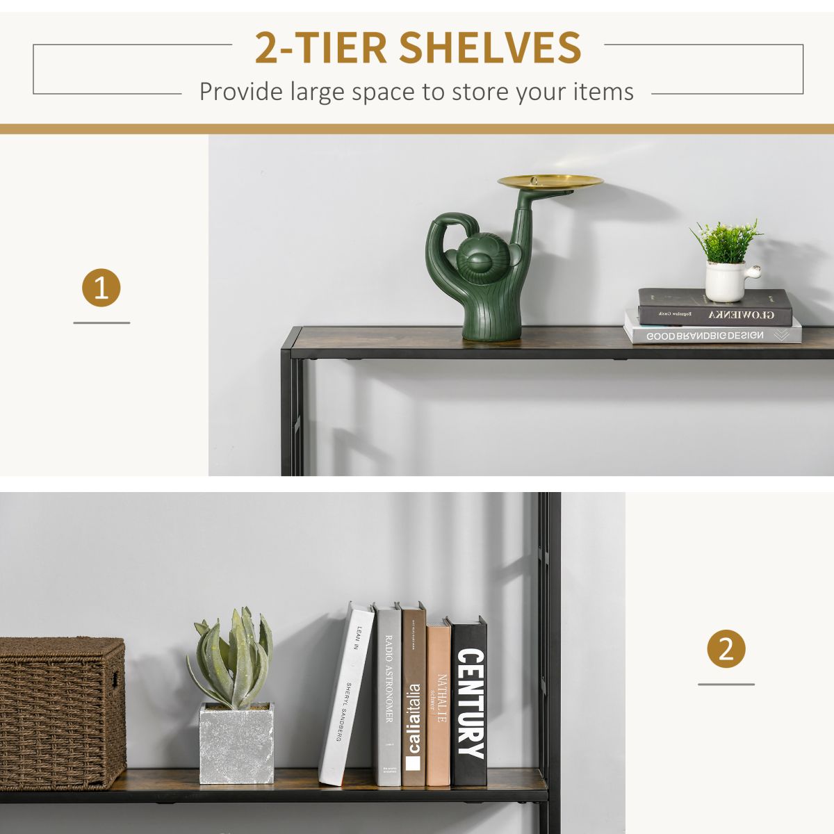 Industrial Console Table with Metal Frame - Rustic Brown/Black, 2 Shelves