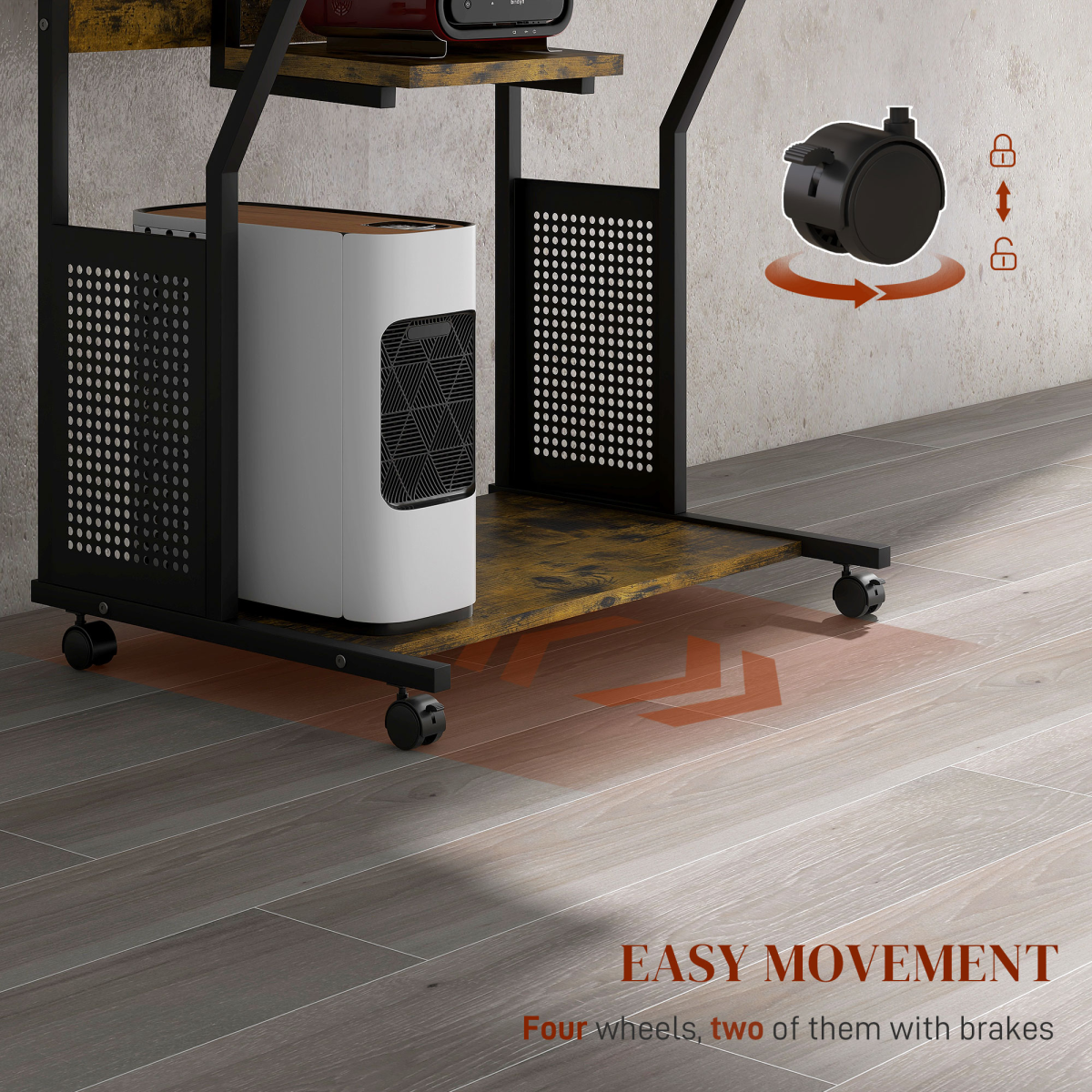 HOMCOM Rolling Computer Desk with Keyboard Tray & Storage Shelves Rustic Brown