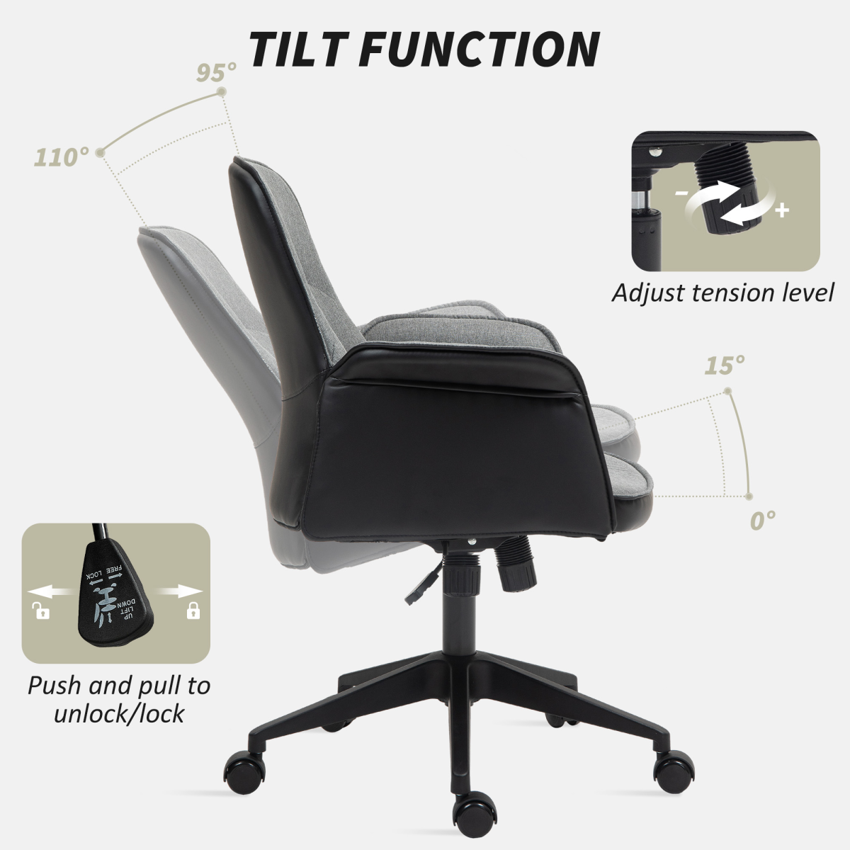 HOMCOM Office Chair, Linen Desk Chair with Adjustable Height Grey