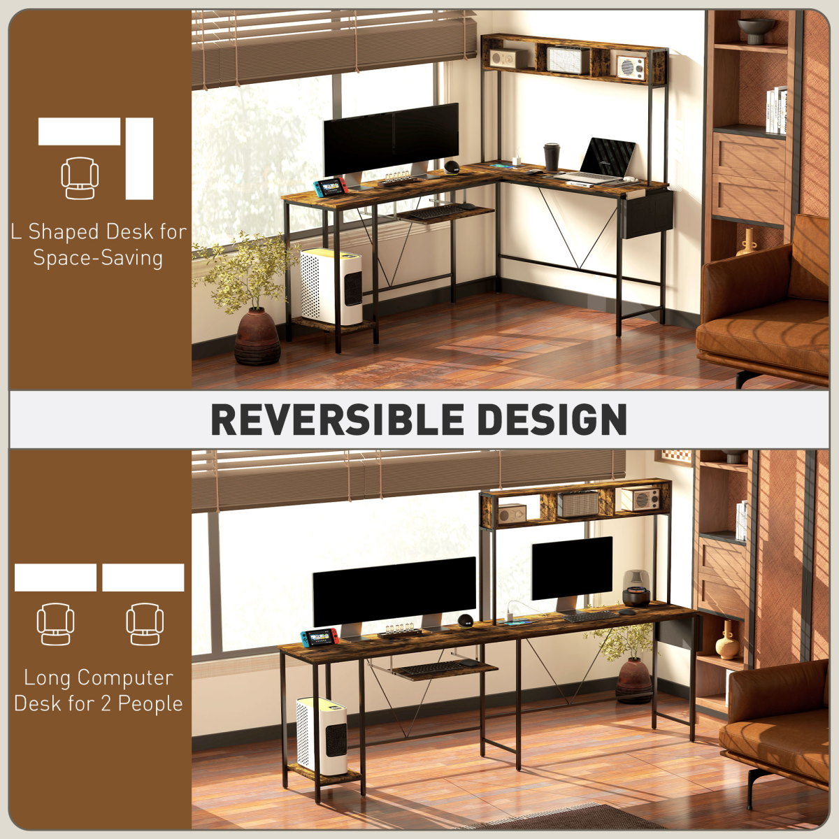 HOMCOM Reversible Corner Desk with USB Ports - L-Shape or Long Desk for 2
