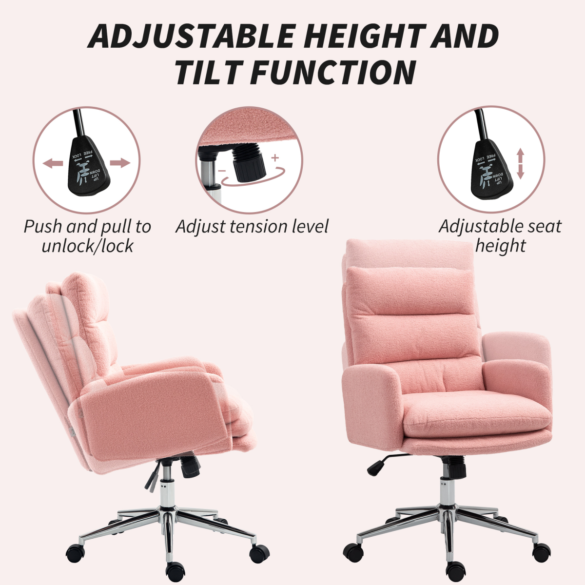 HOMCOM Upholstered Desk Chair with Height Adjustable, Pink