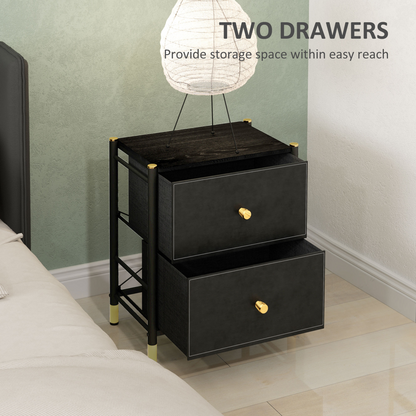 HOMCOM PU Leather Bedside Table with 2 Drawers and Steel Legs, Black