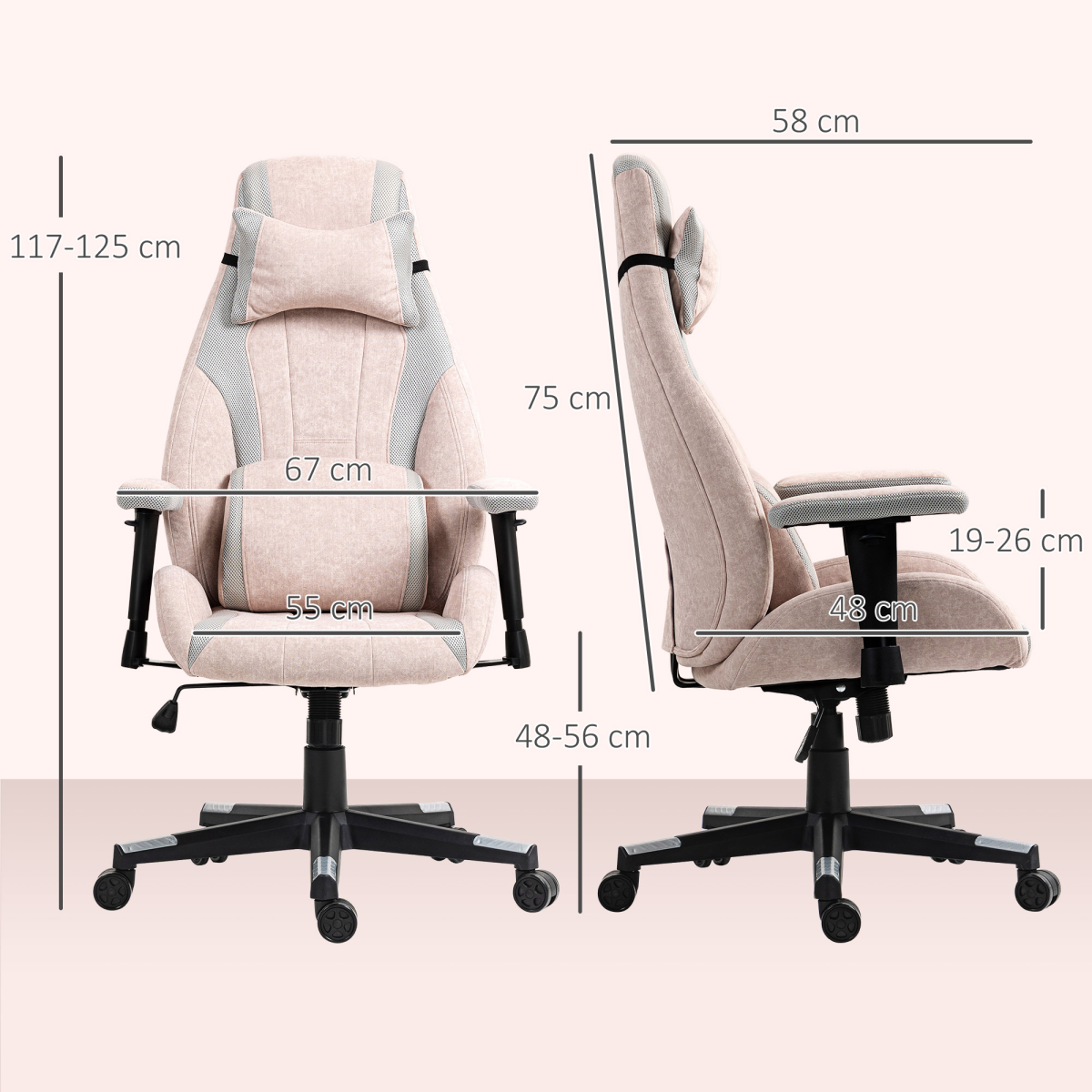 HOMCOM Gamer Computer Chair, Gaming Chair with Swivel Wheels, Pale Pink
