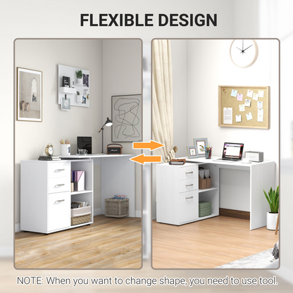 White Convertible L-Shape Desk with Drawers & File Cabinet