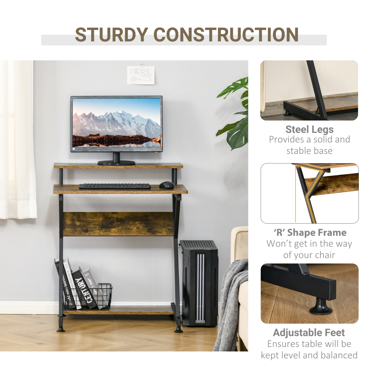 R-Shaped Brown Computer Desk with Monitor Shelf, Storage & Z-Frame