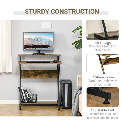 R-Shaped Brown Computer Desk with Monitor Shelf, Storage & Z-Frame