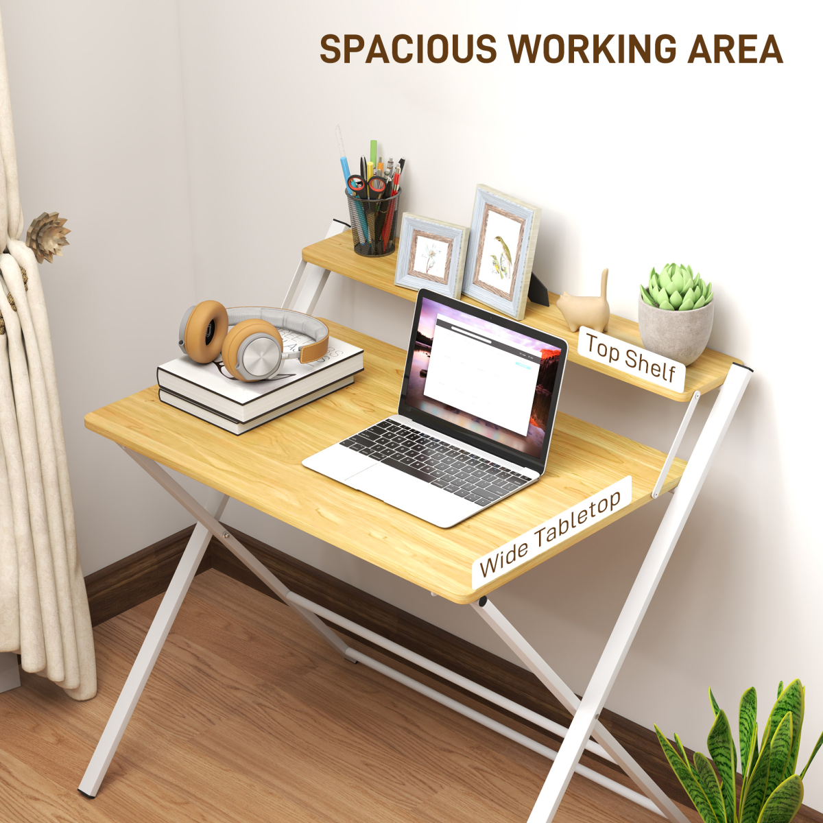 HOMCOM Folding Desk with 2-Tier Shelf - Space-Saving Maple Wood-Effect