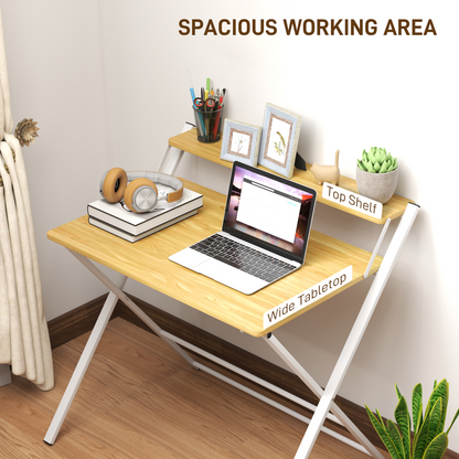 HOMCOM Folding Desk with 2-Tier Shelf - Space-Saving Maple Wood-Effect