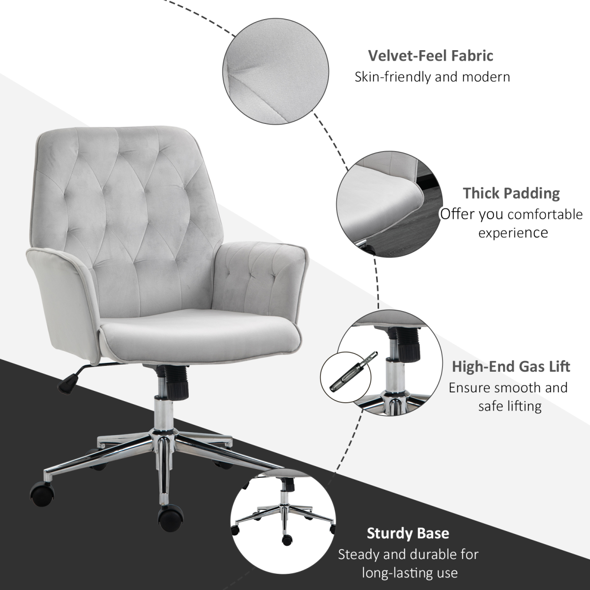 Vinsetto Swivel Computer Chair w/ Arm Modern Style Tufted Home Office Light Grey