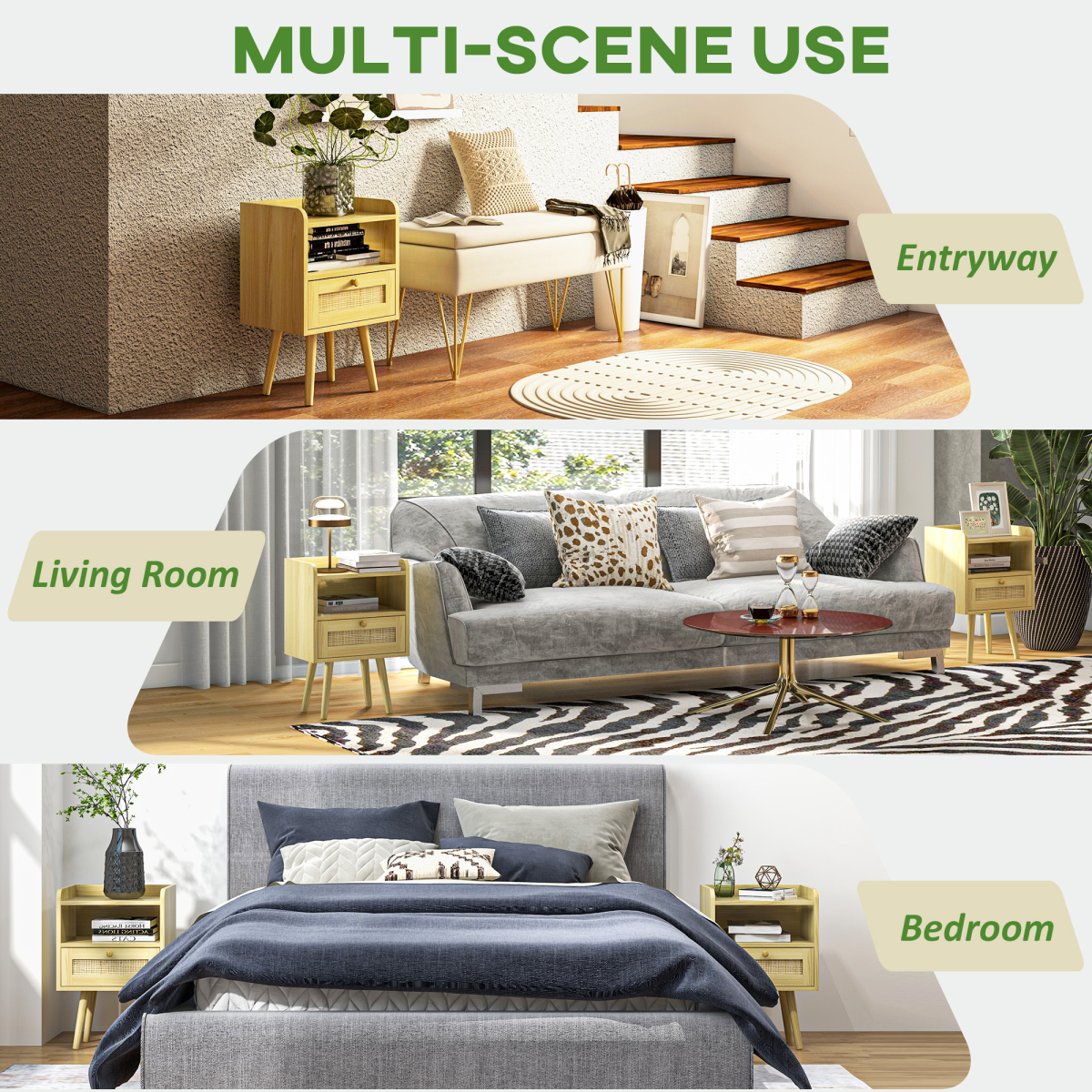 Bedside Tables, Set of 2, Boho Side End Table w/ Drawer, Storage Compartment